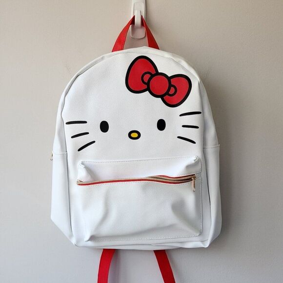 Hello Kitty White Kids Backpack | Faux Leather Red Straps Zipper Pocket | NEW - Picture 1 of 8